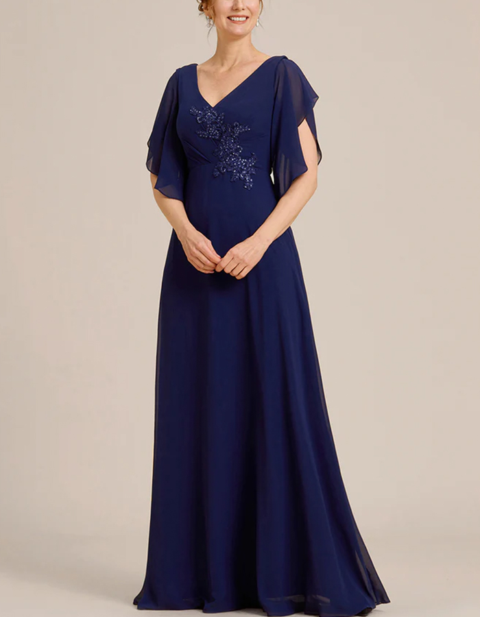 Navy Blue Chiffon V-Neck Flutter Sleeves Maxi Dress