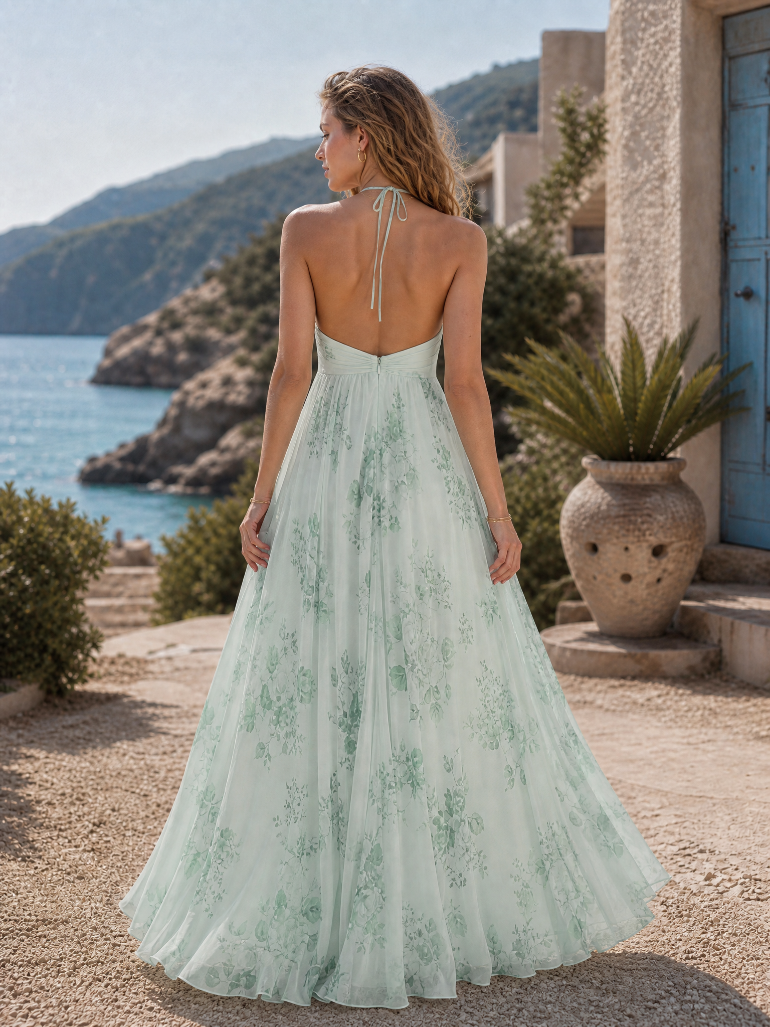 Halter Neck Sleeveless Floor-Length Floral Print Chiffon A-Line Dress
