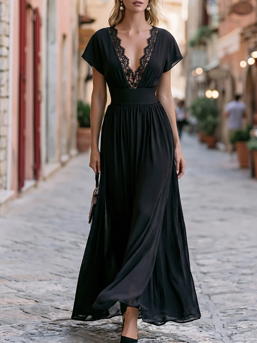 V-Neck Flutter Sleeves Lace Trim Maxi Dress