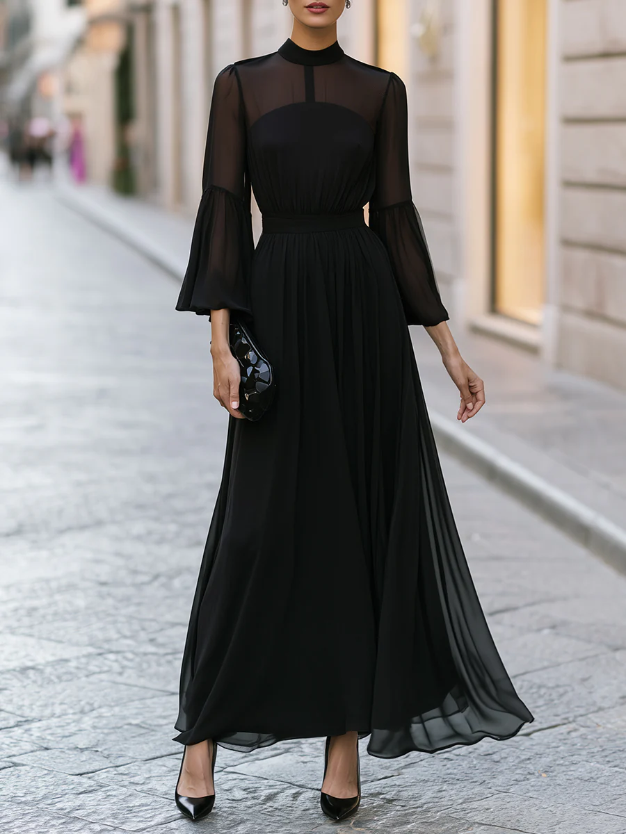 High-Neck Sheer Sleeve Chiffon With Draped Waist Maxi Dress