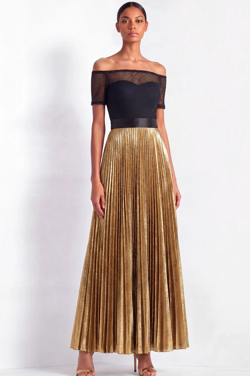 Golden Metallic Off-the-shoulder Maxi Dress