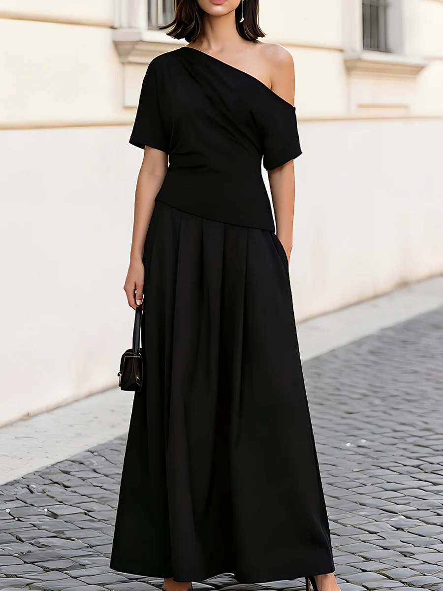 One Shoulder Short Sleeve Ruched Waist Pleated Maxi Dress