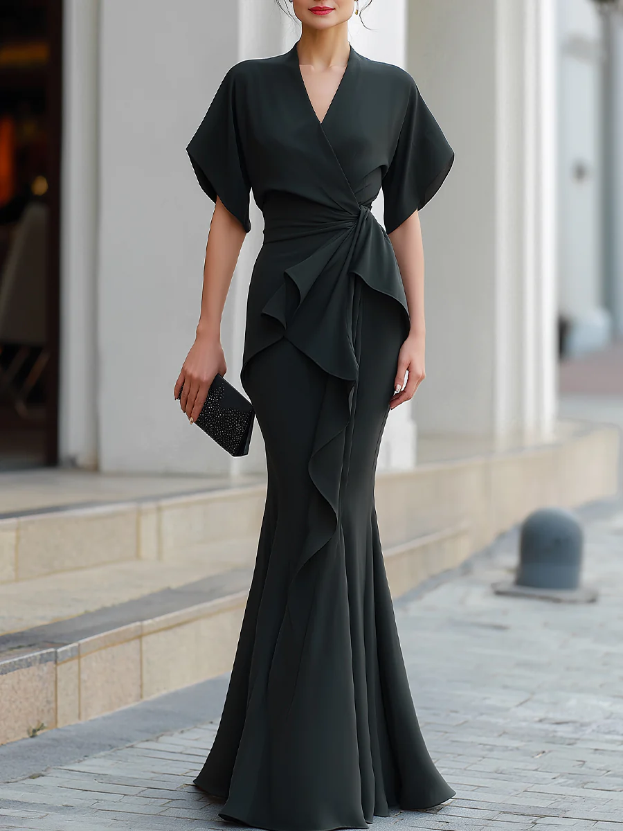 Draped Wrap Ruffle Front Mermaid Maxi Dress