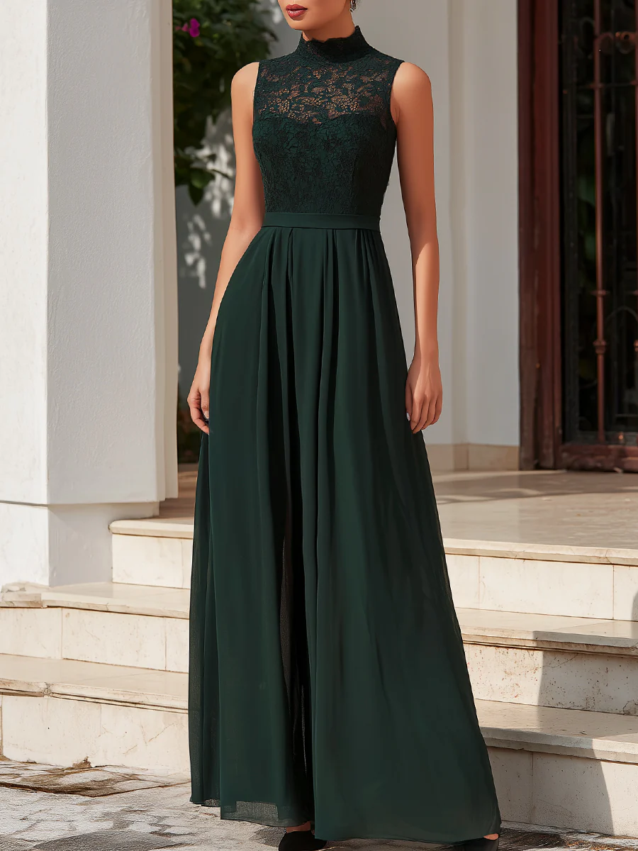 Emerald Lace Bodice Sleeveless Flowing Chiffon Maxi Dress