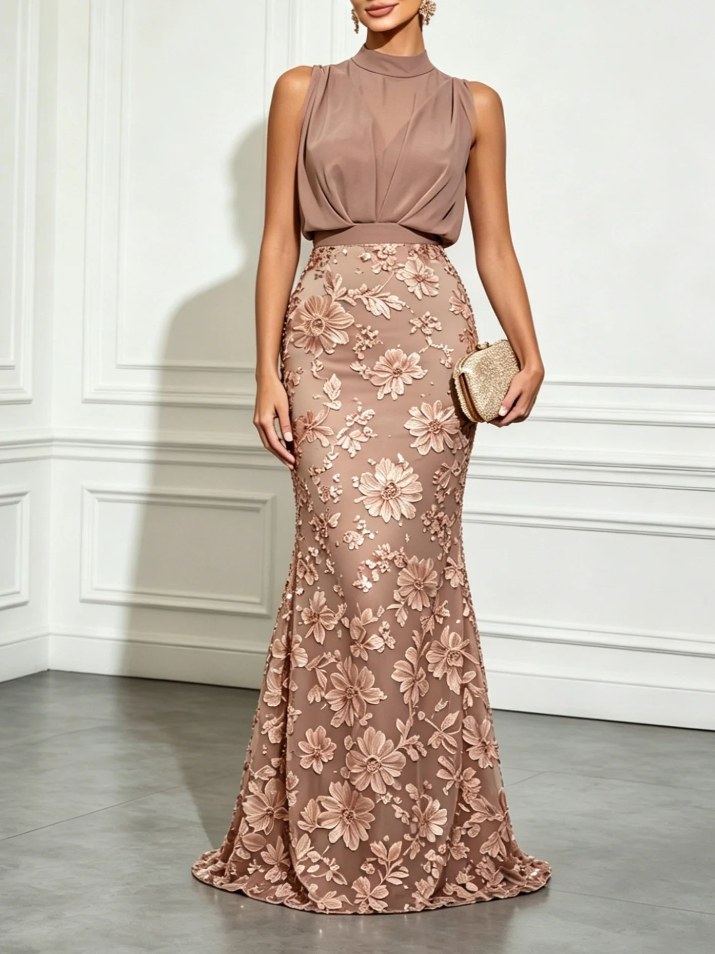 Light Brown Jacquard Ruched Classic Mock Neck Sleeveless Mermaid Maxi Dress