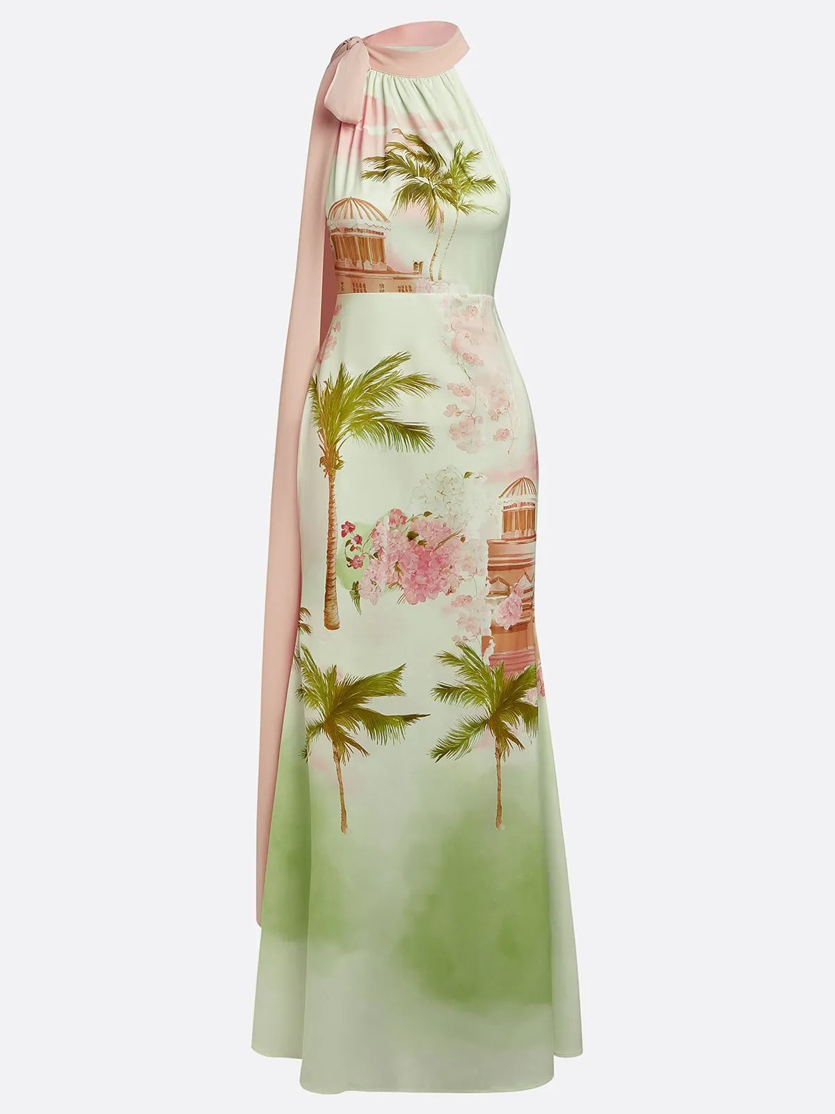 Green Floral Classic Crew Neck Sleeveless A-Line Gown Dress
