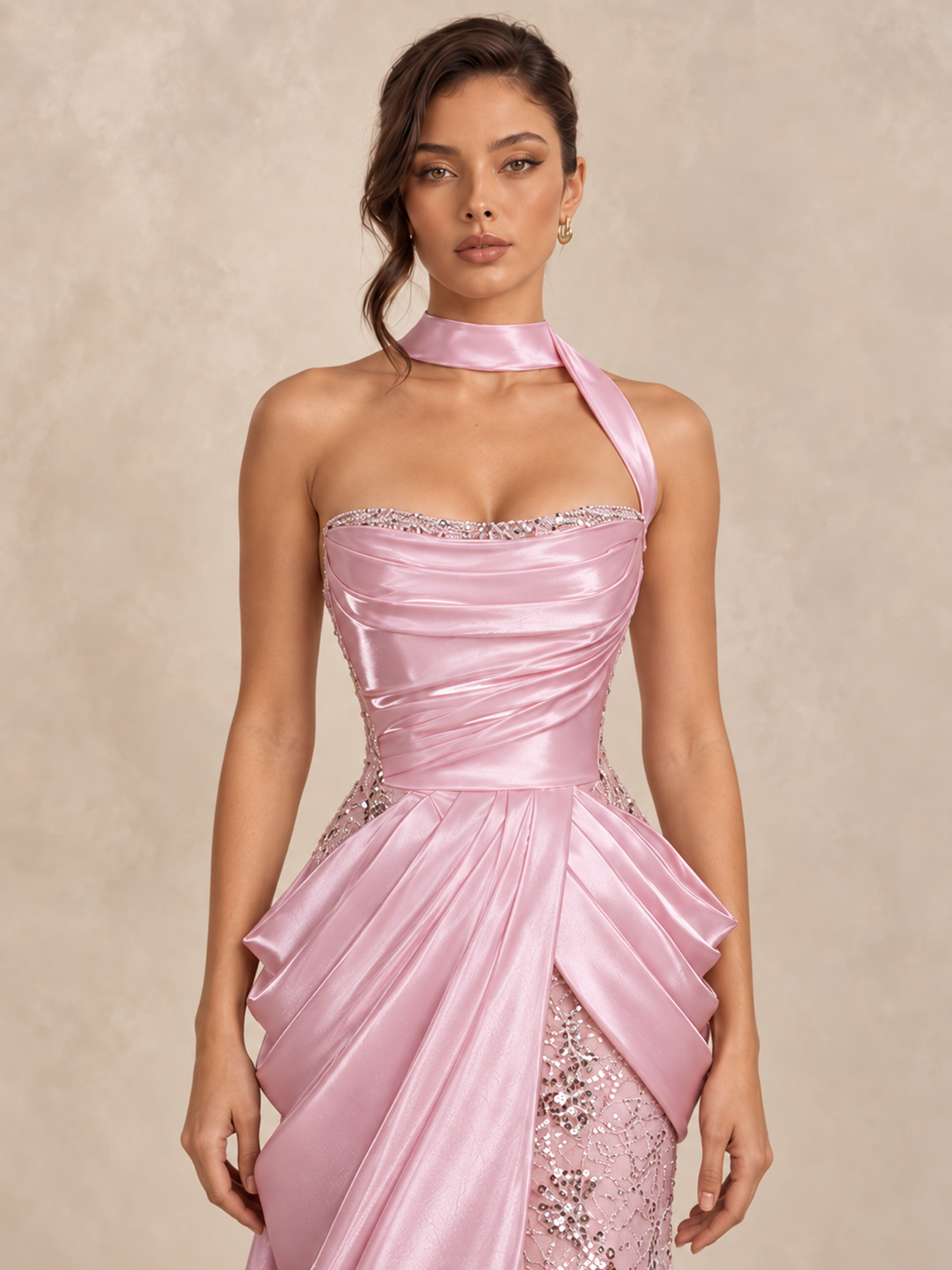 Satin Sequin Mermaid Corset Pleated Prom Dress with Scarf