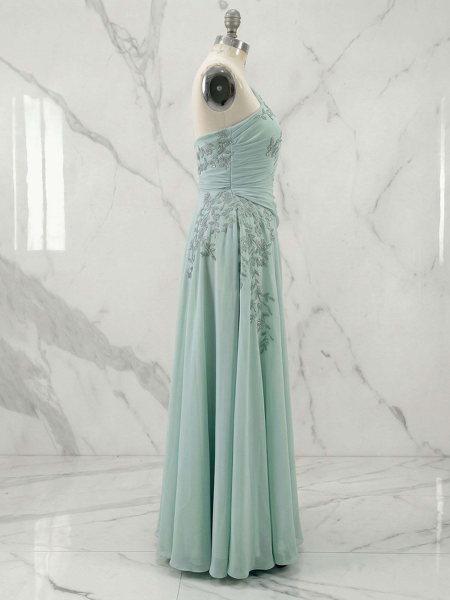 Mint Green Applique 3D Floral Chiffon One Shoulder Sleeveless A-Line Floor Length Dress