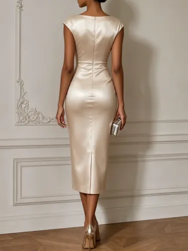 Champagne 3D Floral Ruched Satin Boat Neck Sleeveless Sheath Midi Dress