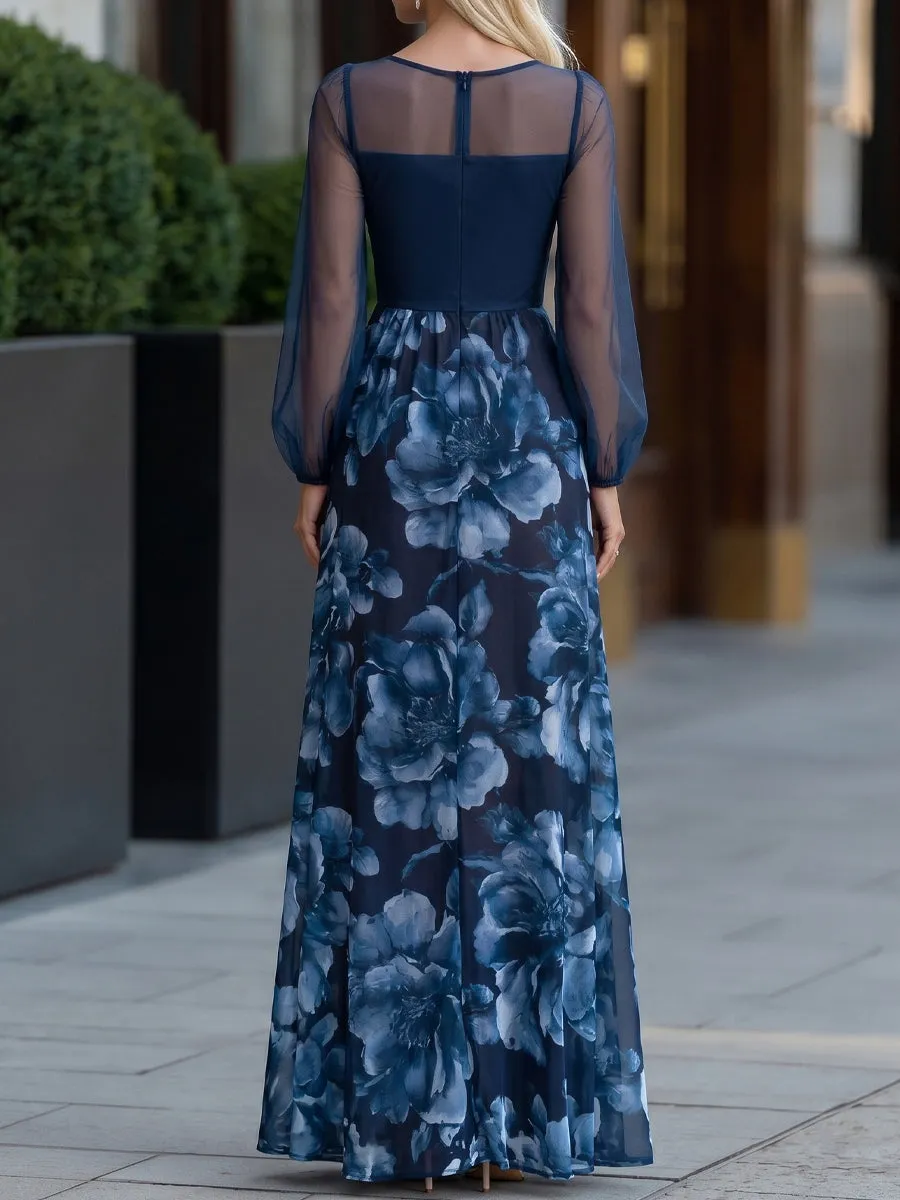 Ruched Bodice Sheer Mesh Floral Print Maxi Dress