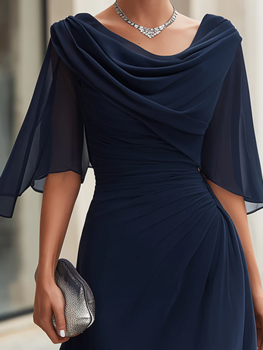 Cowl Drape Neck Sheer Chiffon Cape Sleeves Side Ruched High Low Midi Dress
