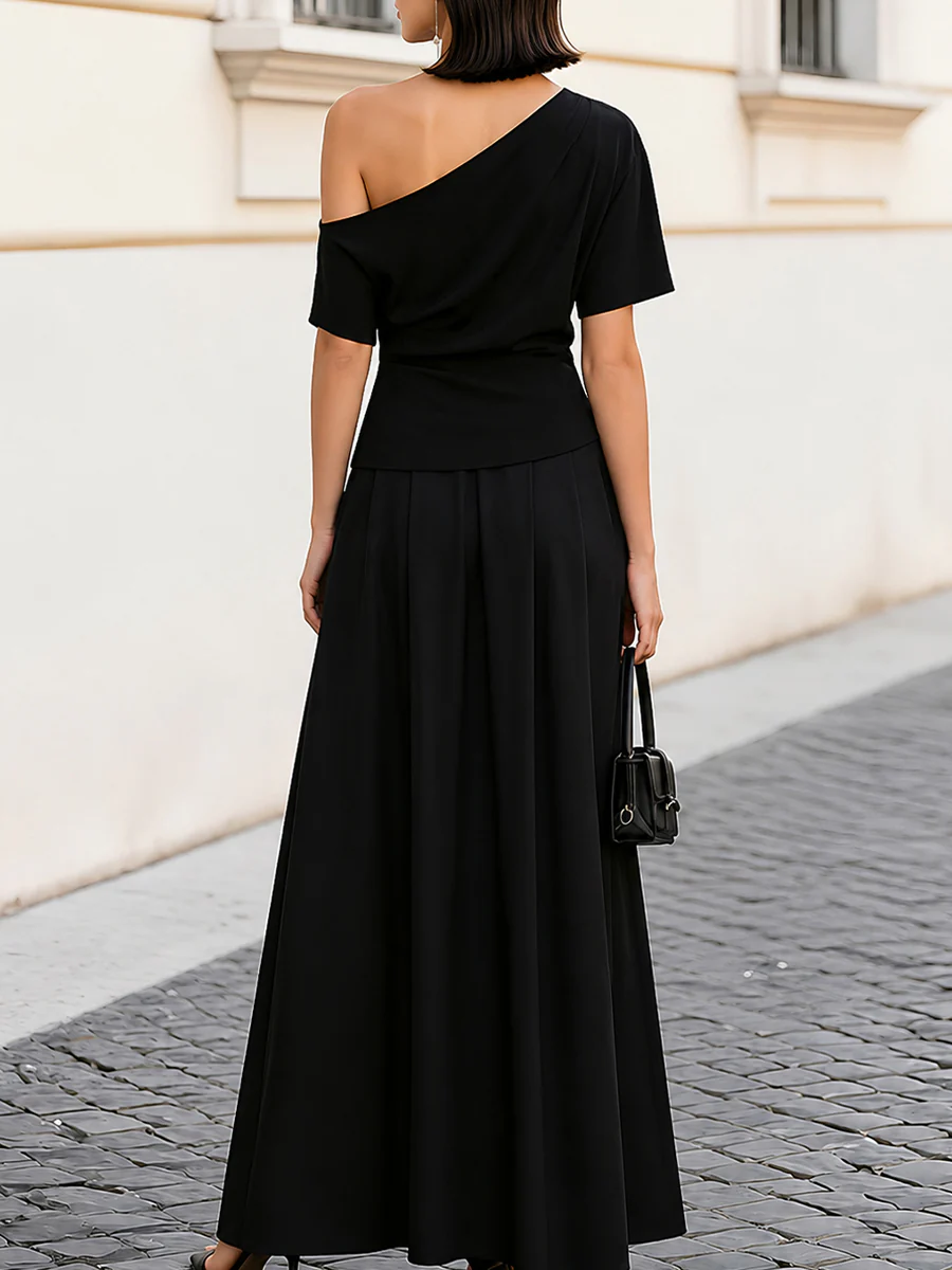 One Shoulder Short Sleeve Ruched Waist Pleated Maxi Dress
