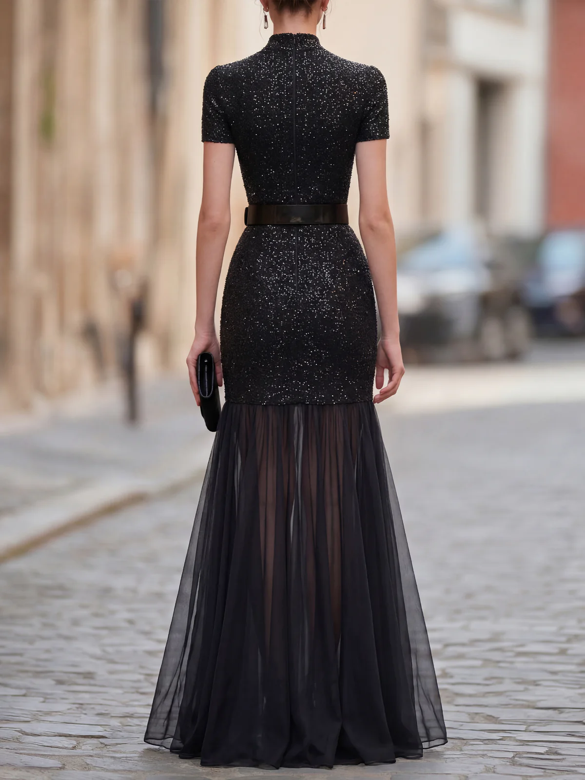 Glitter Mock Neck Short Sleeve Mesh Mermaid Maxi Dress