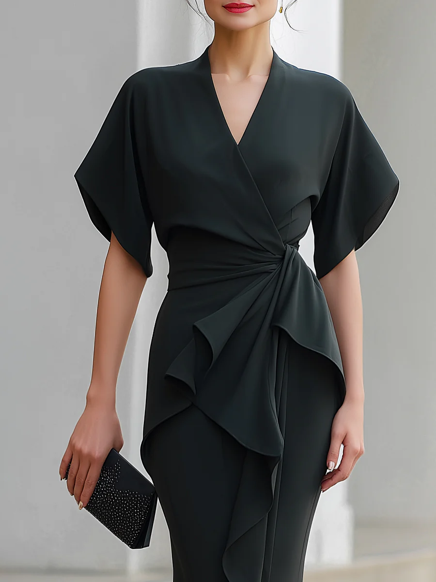 Draped Wrap Ruffle Front Mermaid Maxi Dress