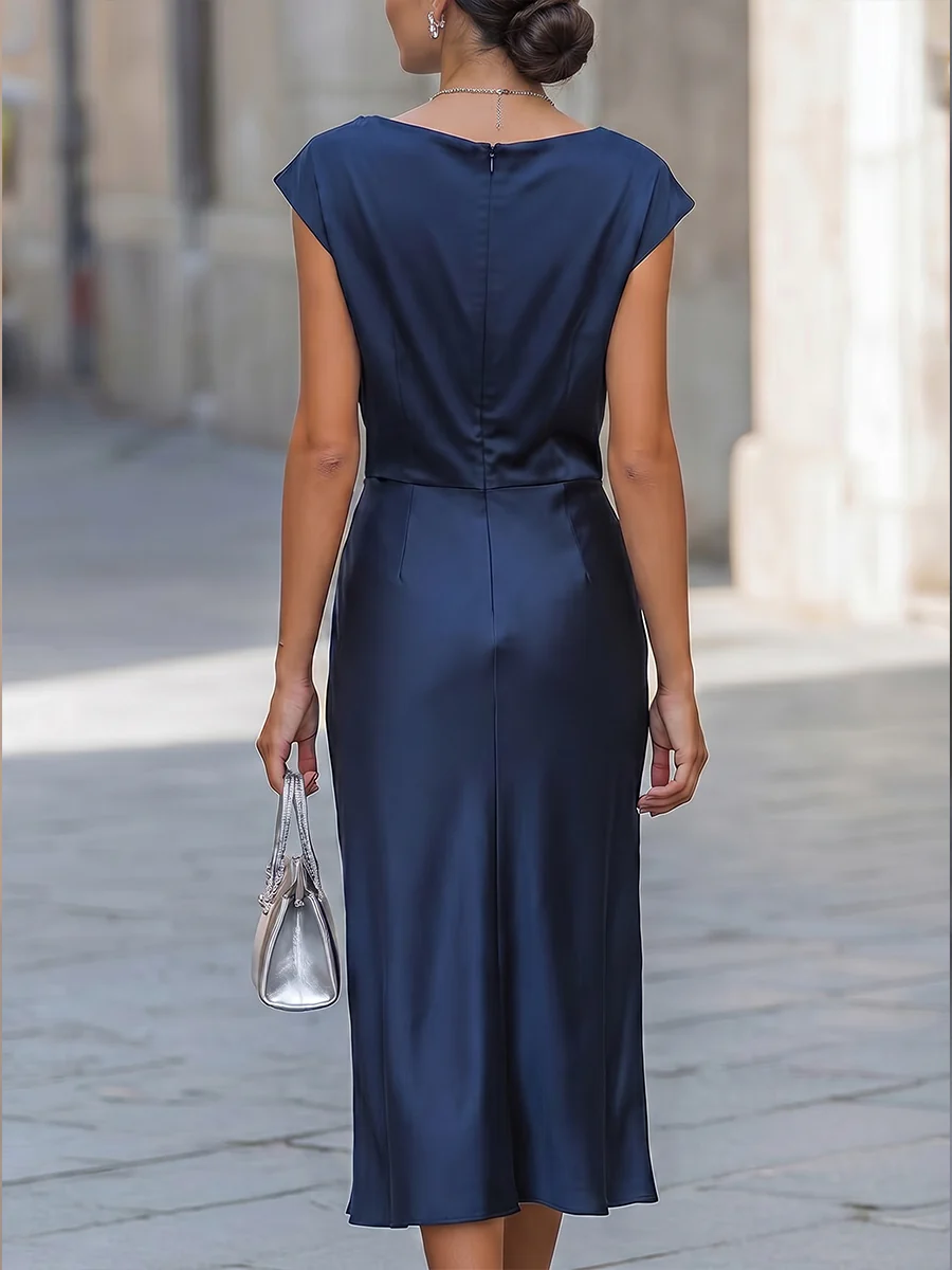 Satin Cowl Neck Cap Sleeve Midi Dress