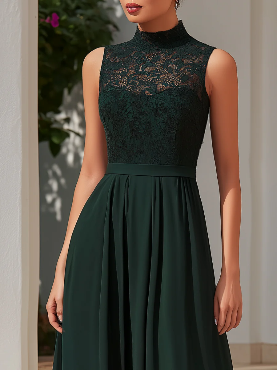 Emerald Lace Bodice Sleeveless Flowing Chiffon Maxi Dress