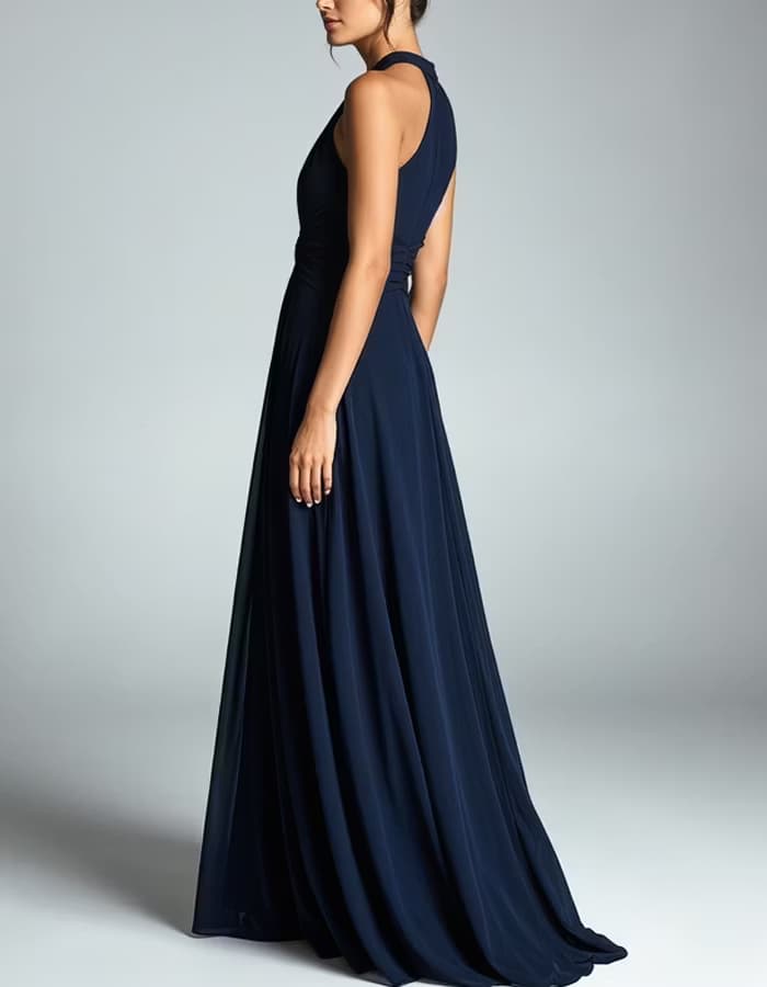 Navy Blue Halter Neck Keyhole Ring Detail Chiffon Dress