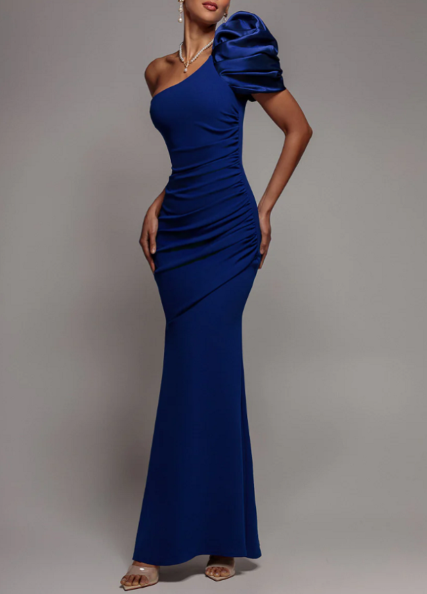 Dusty Rose One-Shoulder Puff Sleeve Ruched Mermaid Evening Gown