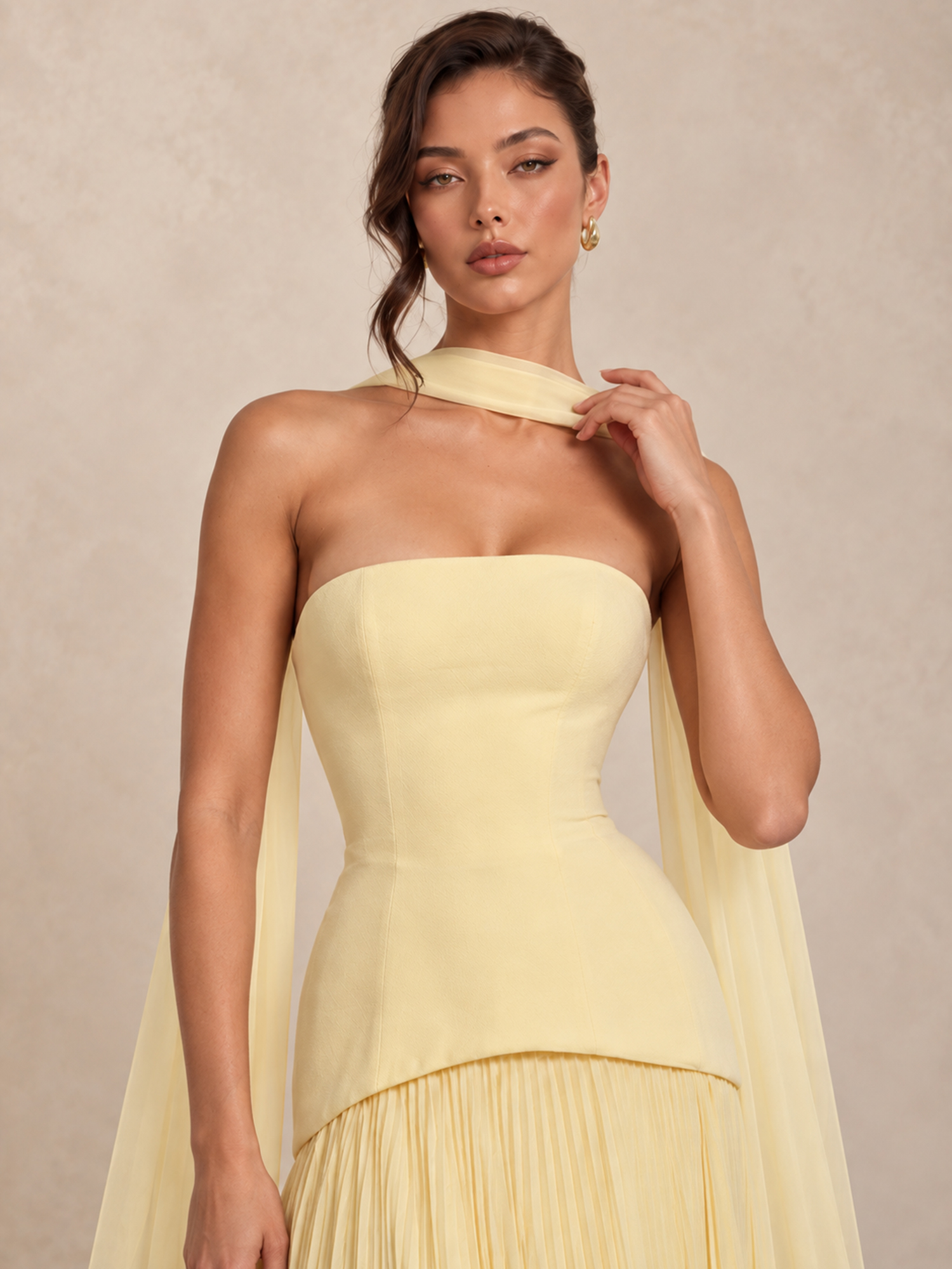 Chiffon Corset Flower Strapless Gown with Scarf