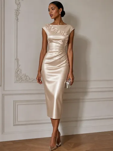 Champagne 3D Floral Ruched Satin Boat Neck Sleeveless Sheath Midi Dress
