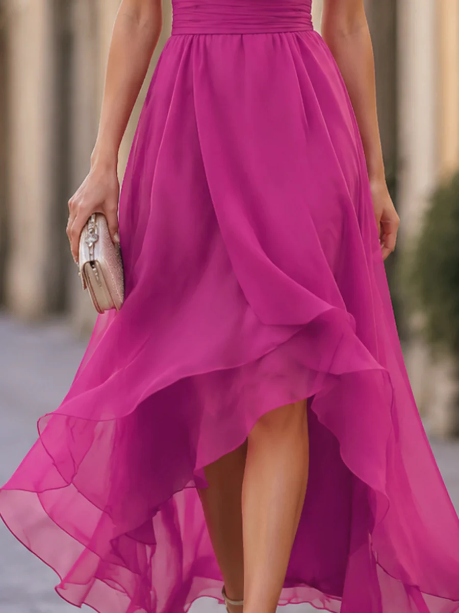 V-Neck Chiffon High-Low Dress With Ruched Waist