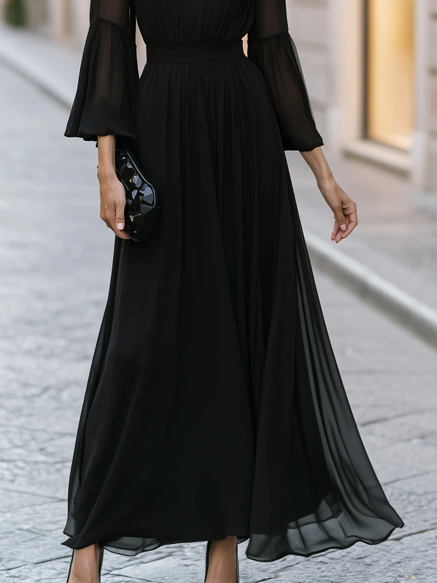 High-Neck Sheer Sleeve Chiffon With Draped Waist Maxi Dress