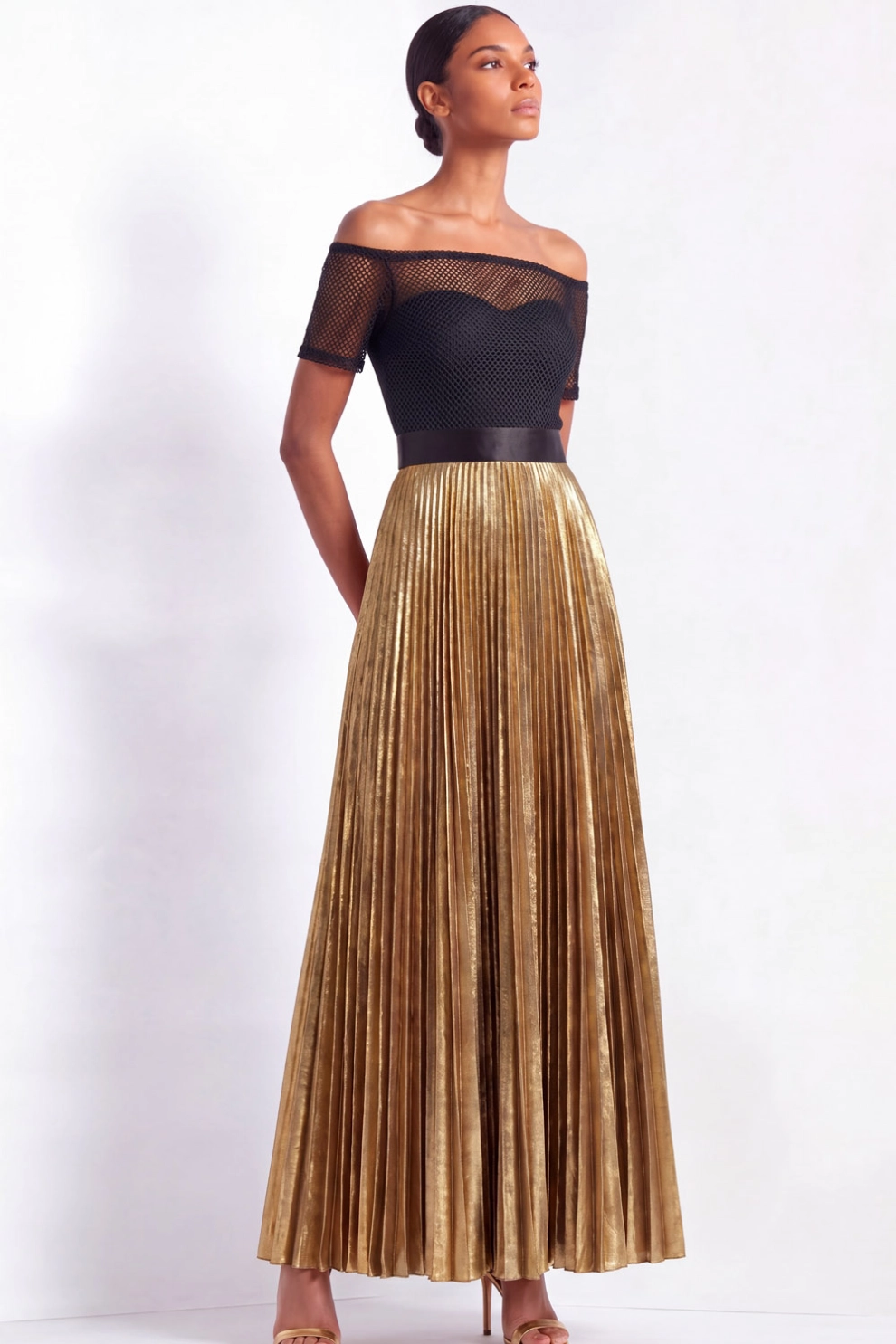 Golden Metallic Off-the-shoulder Maxi Dress