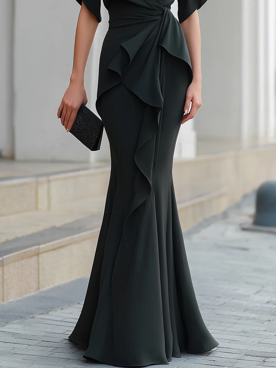 Draped Wrap Ruffle Front Mermaid Maxi Dress