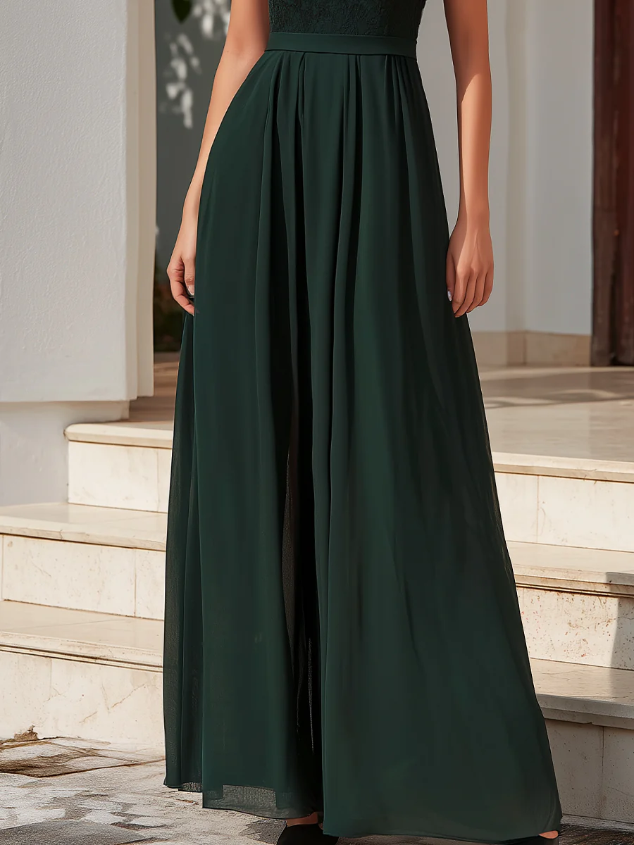 Emerald Lace Bodice Sleeveless Flowing Chiffon Maxi Dress