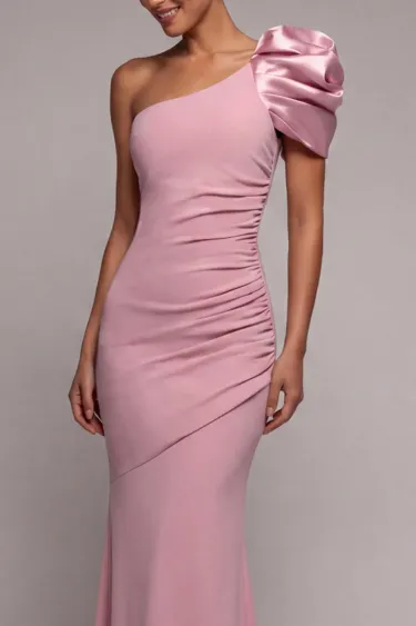 Dusty Rose One-Shoulder Puff Sleeve Ruched Mermaid Evening Gown