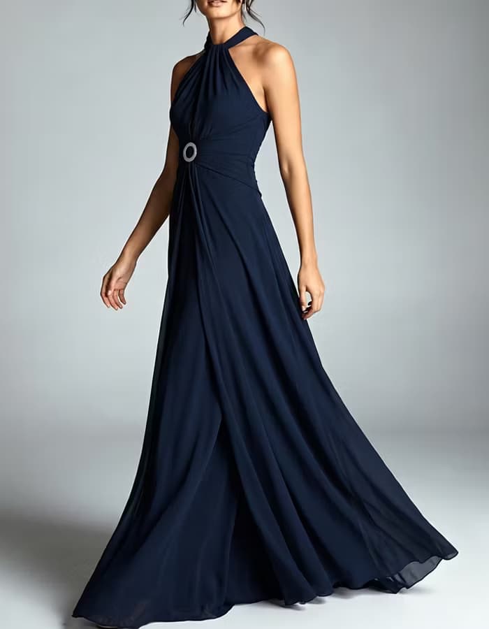 Navy Blue Halter Neck Keyhole Ring Detail Chiffon Dress