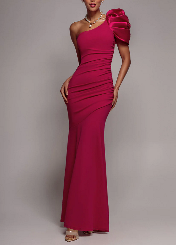 Dusty Rose One-Shoulder Puff Sleeve Ruched Mermaid Evening Gown