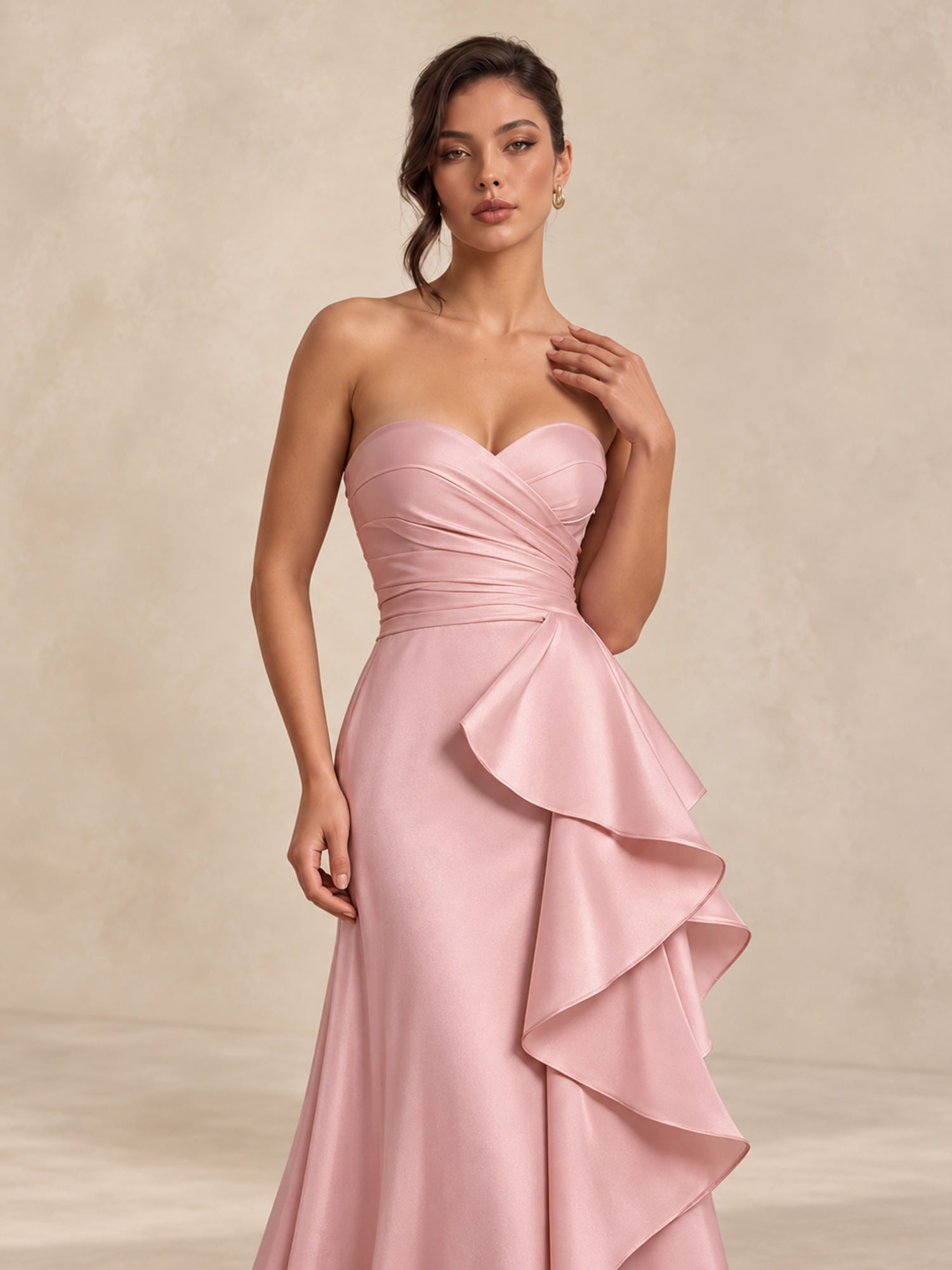 Satin Formal Evening Dress Strapless Ruffle Maxi Gown