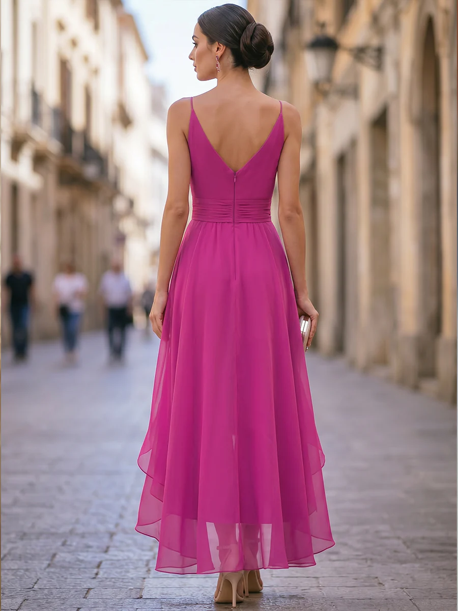 V-Neck Chiffon High-Low Dress With Ruched Waist