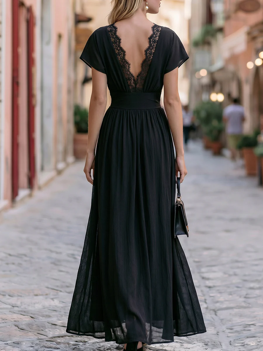 V-Neck Flutter Sleeves Lace Trim Maxi Dress