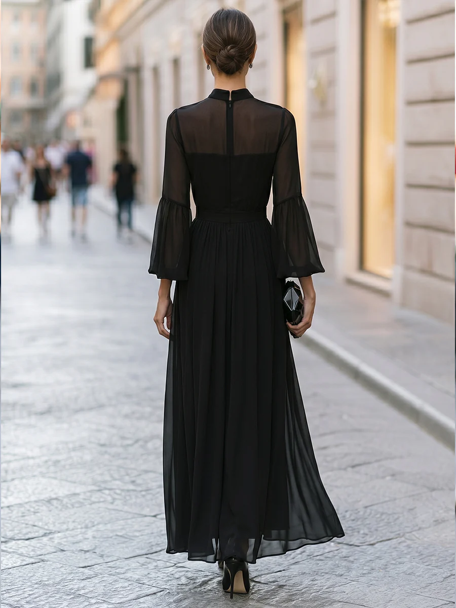 High-Neck Sheer Sleeve Chiffon With Draped Waist Maxi Dress