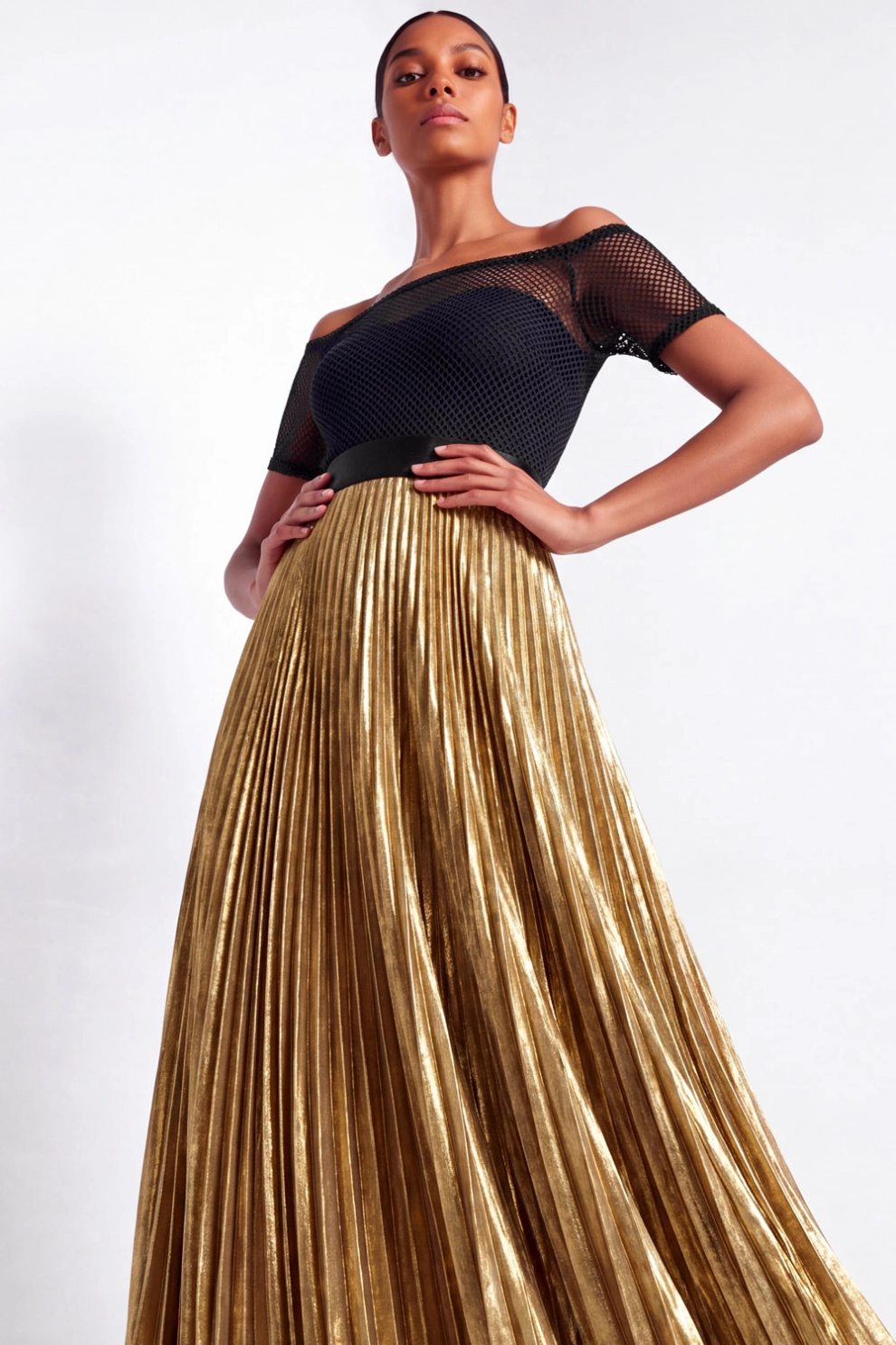 Golden Metallic Off-the-shoulder Maxi Dress
