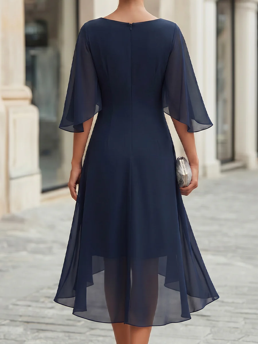 Cowl Drape Neck Sheer Chiffon Cape Sleeves Side Ruched High Low Midi Dress