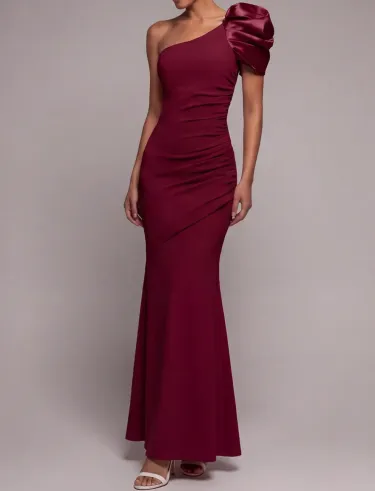 Dusty Rose One-Shoulder Puff Sleeve Ruched Mermaid Evening Gown