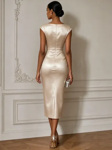 Champagne 3D Floral Ruched Satin Boat Neck Sleeveless Sheath Midi Dress