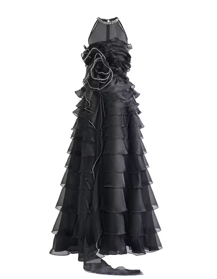 Black A-line Ruffled Layered Organza Maxi Dress