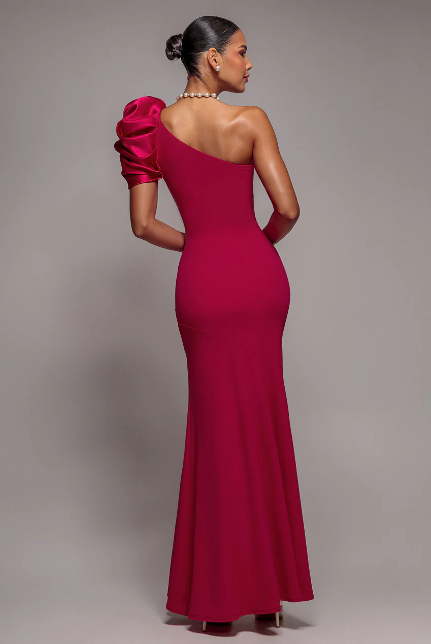 Dusty Rose One-Shoulder Puff Sleeve Ruched Mermaid Evening Gown
