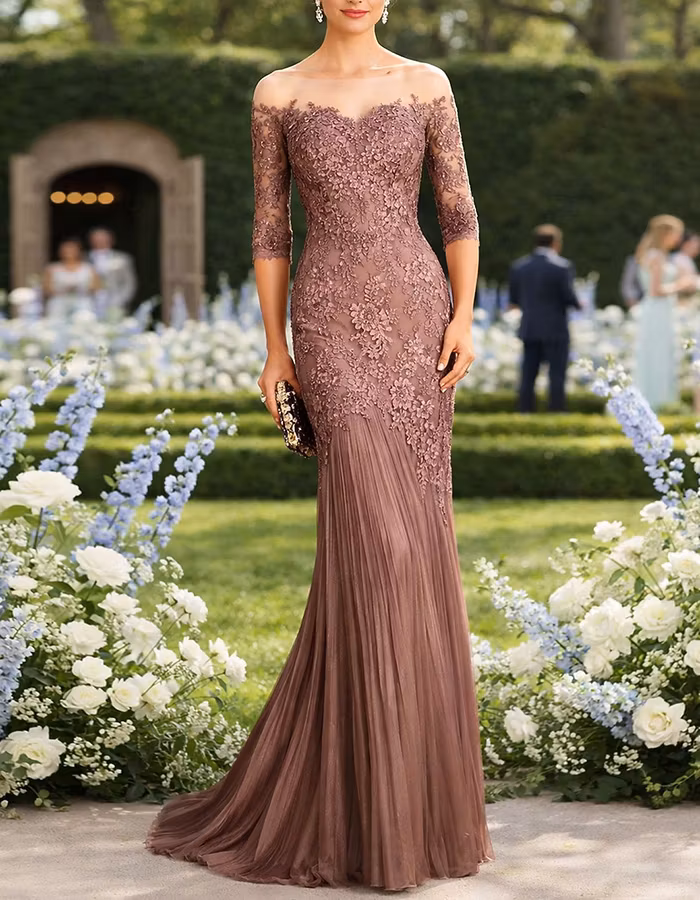 Dusty Pink Lace Chiffon Off-the-shoulder Maxi Dress