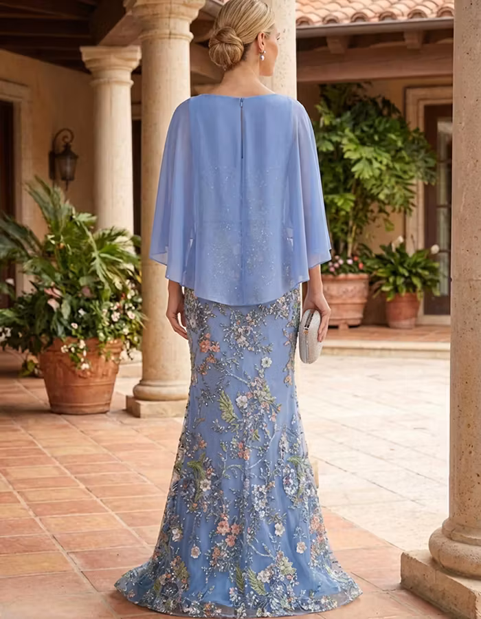 Light Blue Boat Neck Chiffon Cape Overlay Maxi Dress