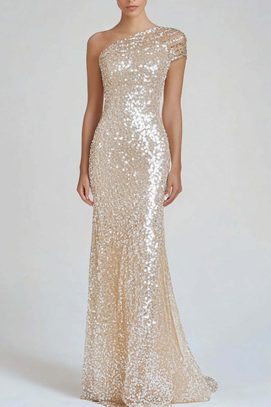 Champagne One Shoulder Sequined Mermaid Formal Dress