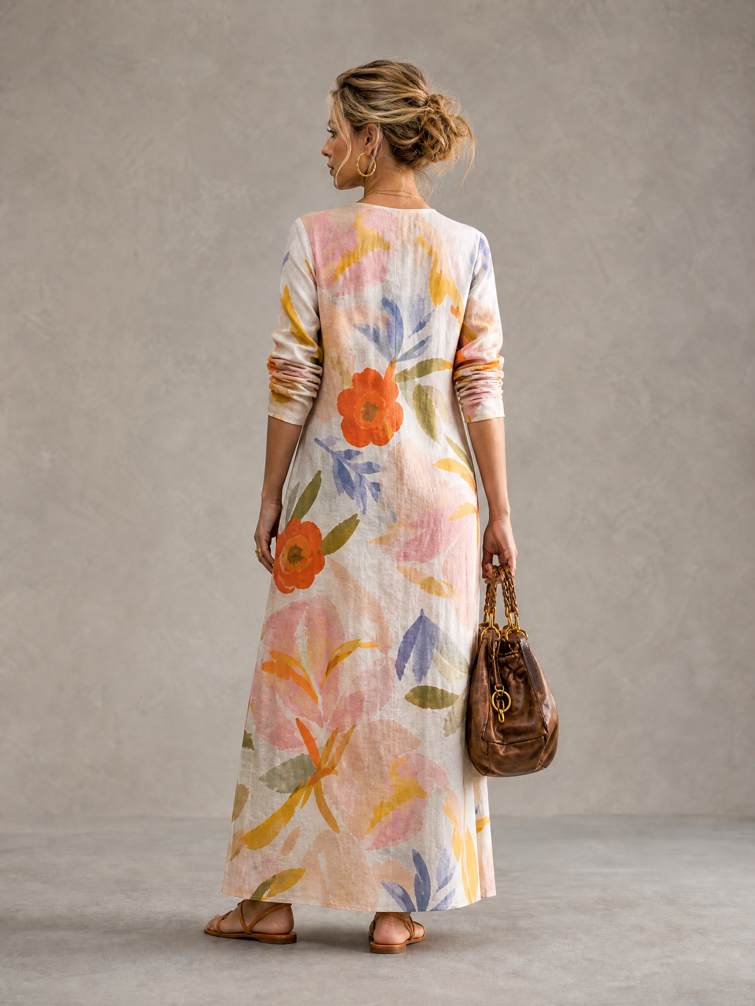 V-Neck Long Sleeve Button-Front Floral Print Floor-Length Linen Gown
