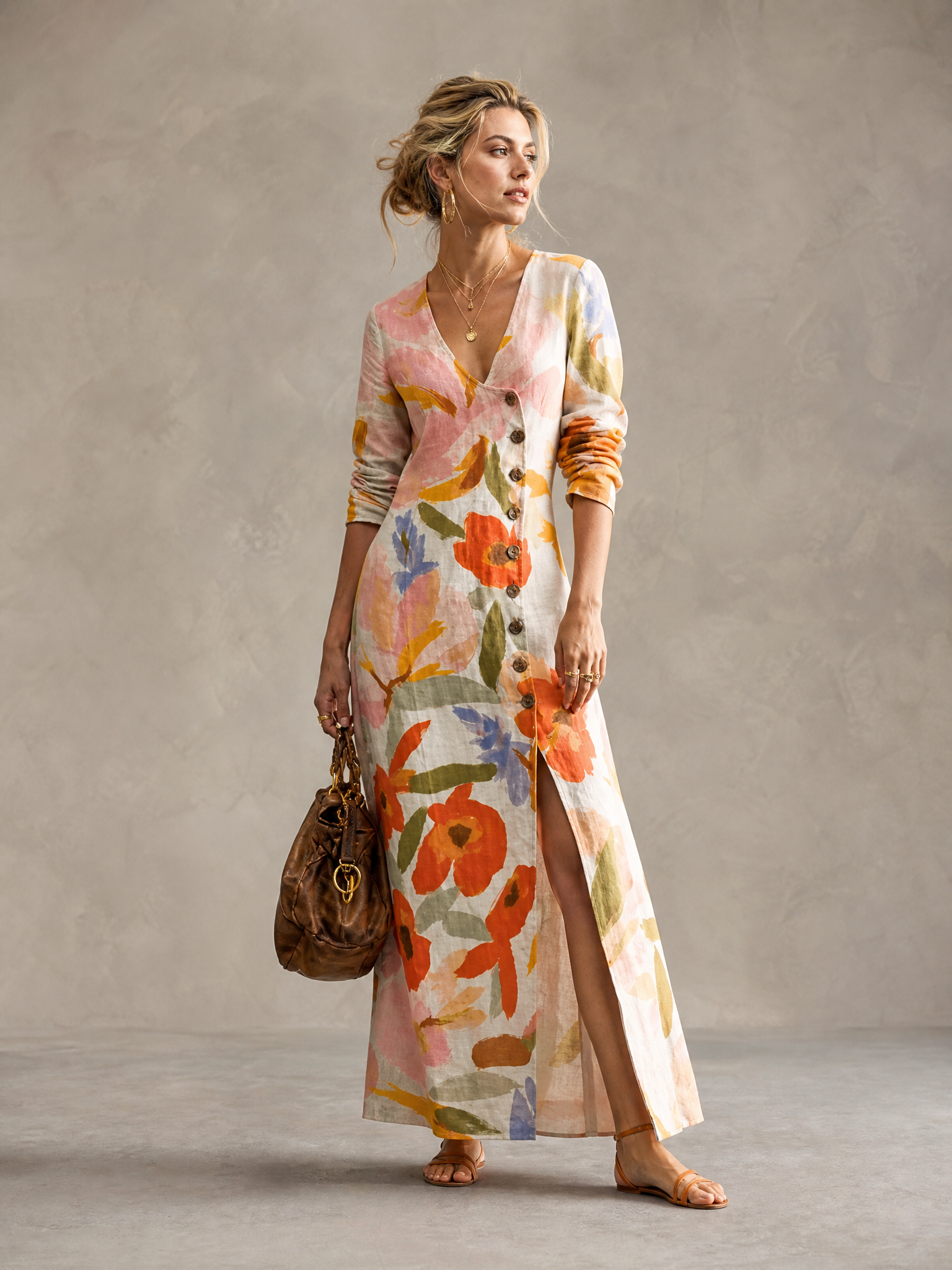 V-Neck Long Sleeve Button-Front Floral Print Floor-Length Linen Gown