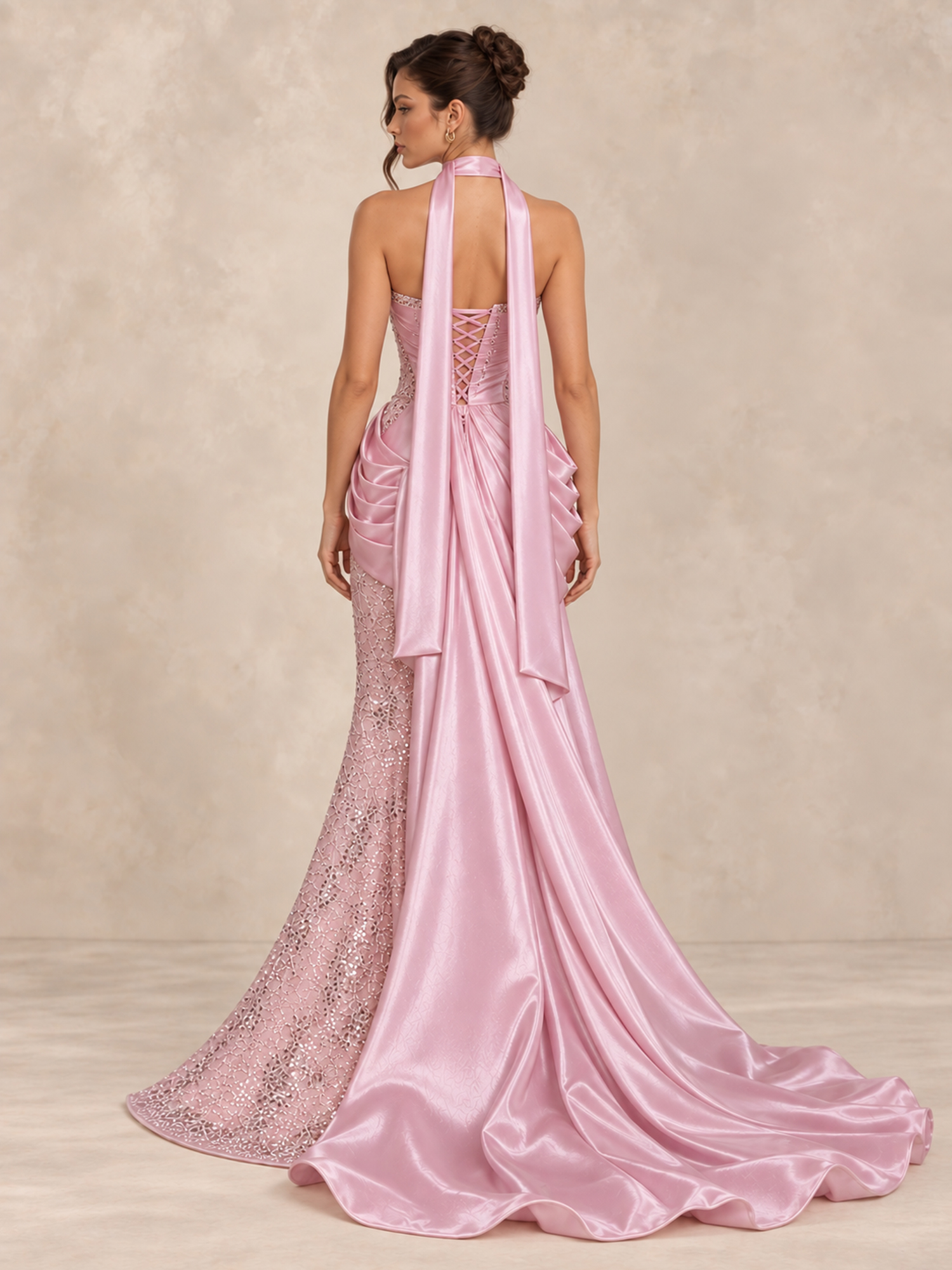 Satin Sequin Mermaid Corset Pleated Prom Dress with Scarf