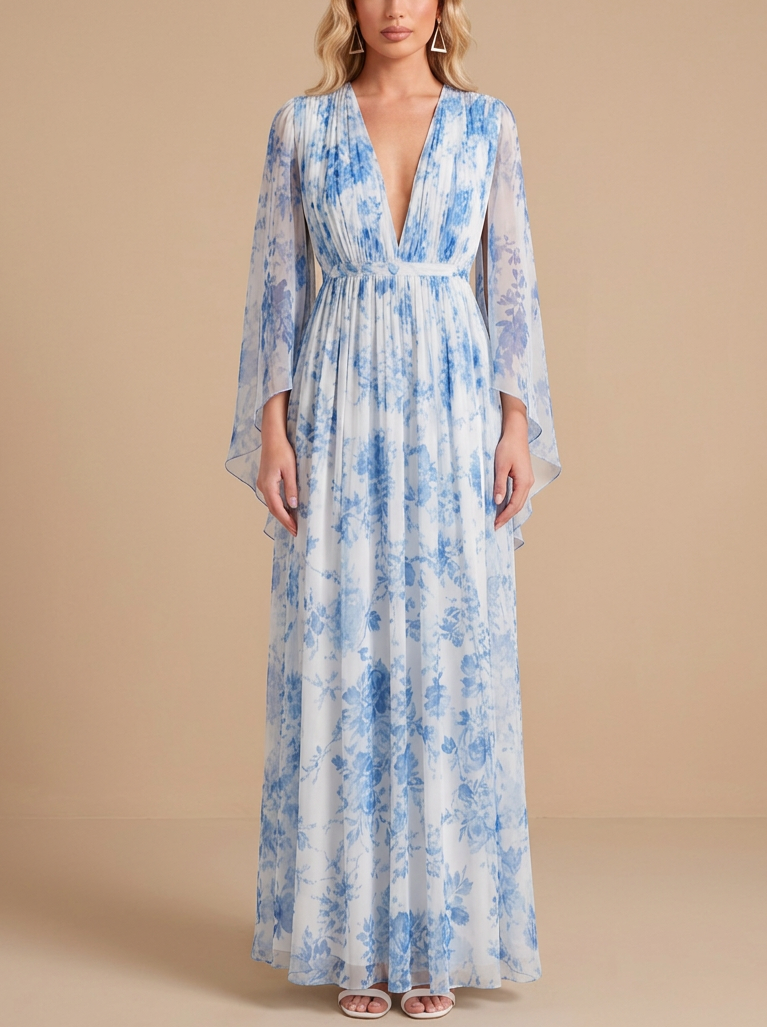 Blue & White Floral Print Deep V-Neck Bell Sleeve Chiffon Maxi Dress