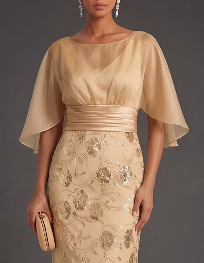 Champagne-colored Boat-neck Floral Lace Maxi Dress